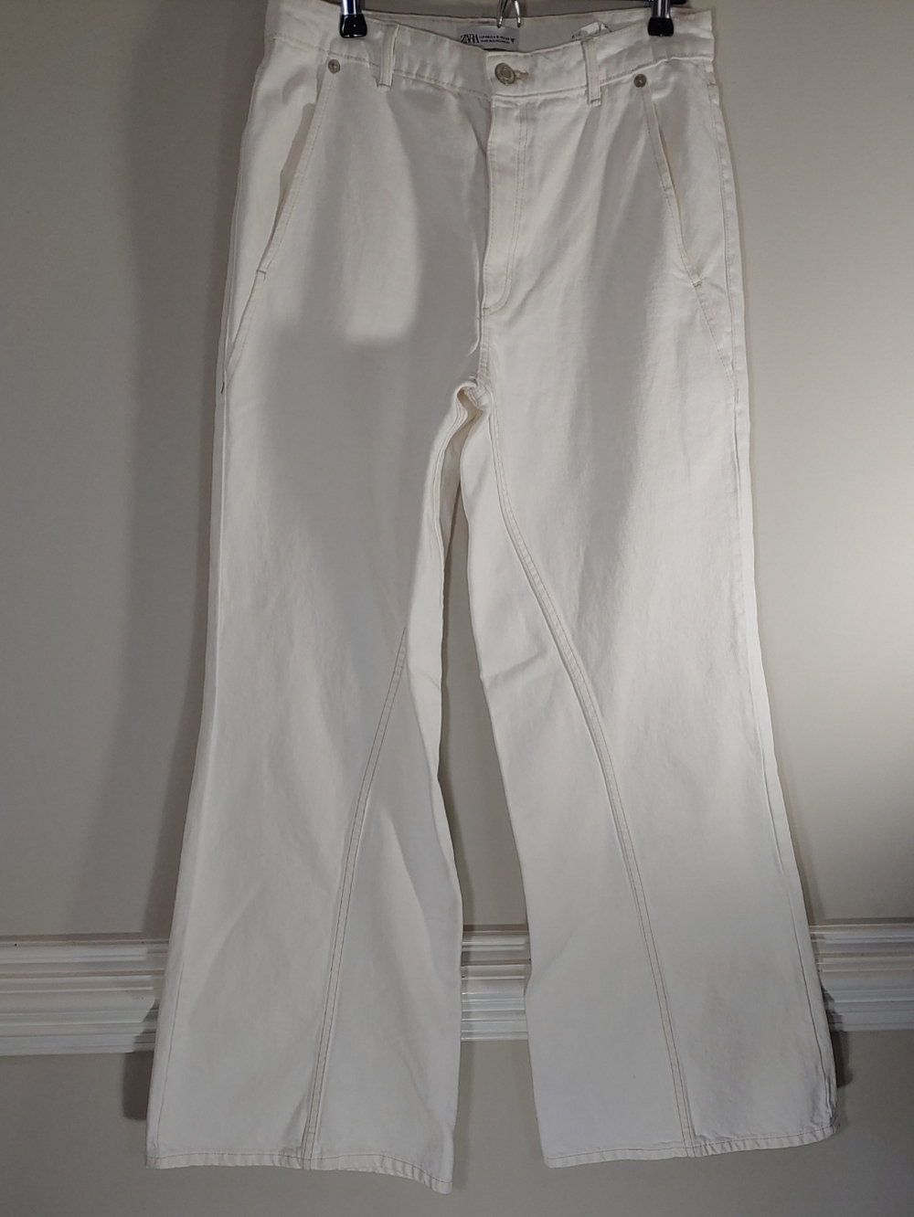 Women's Zara Super Wide-Leg Flared Denim Pants White/Ivory Sz 8